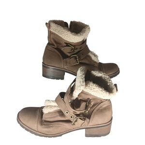 Ann Klien Sport Womens Size 10M Tan‎ Faux Fur Lined Moto Boots Zip Buckle Winter